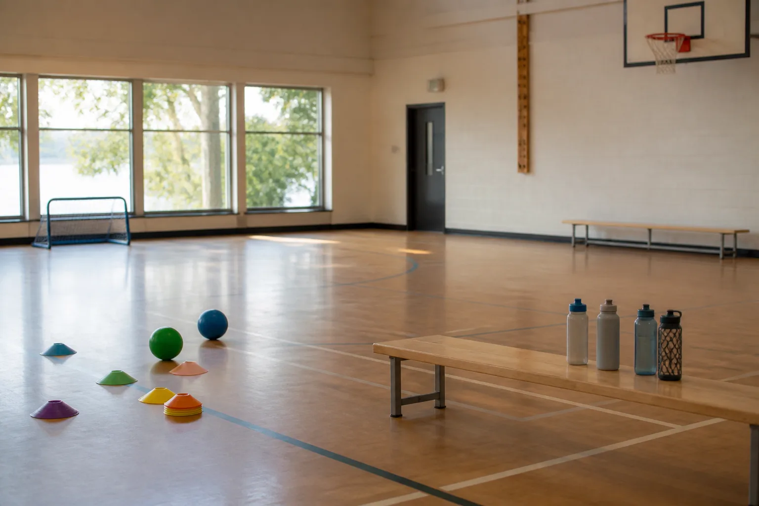 A bench, balls, cones and water bottles form a simple gym activity station.