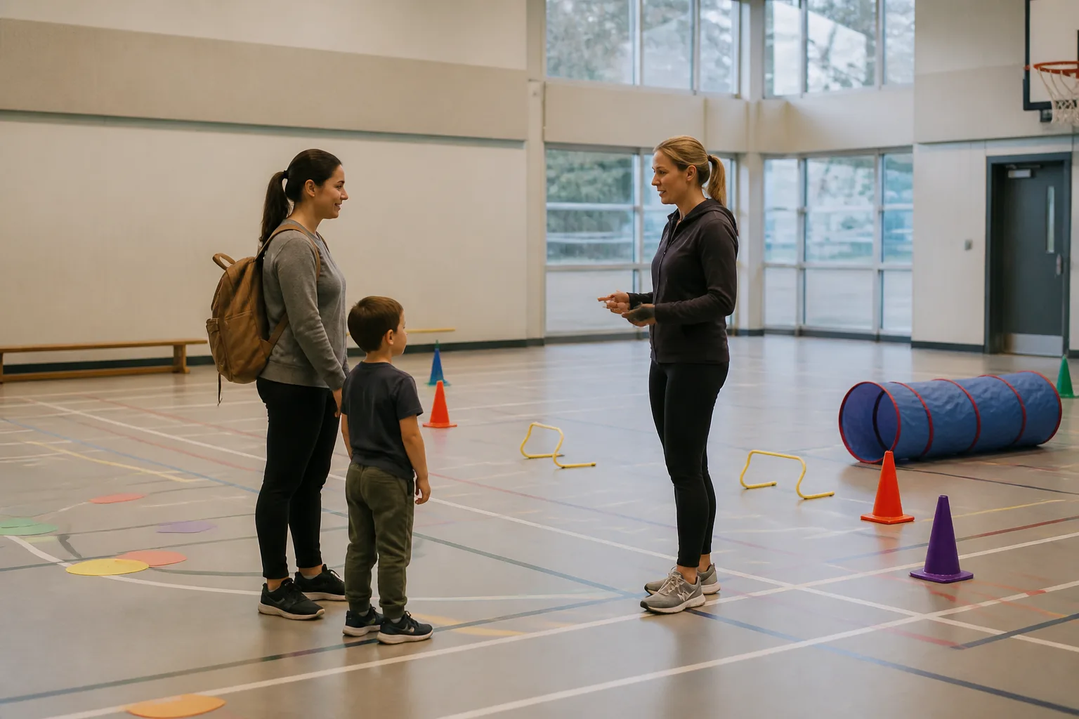 A parent and child meet a coach beside an indoor activity course.