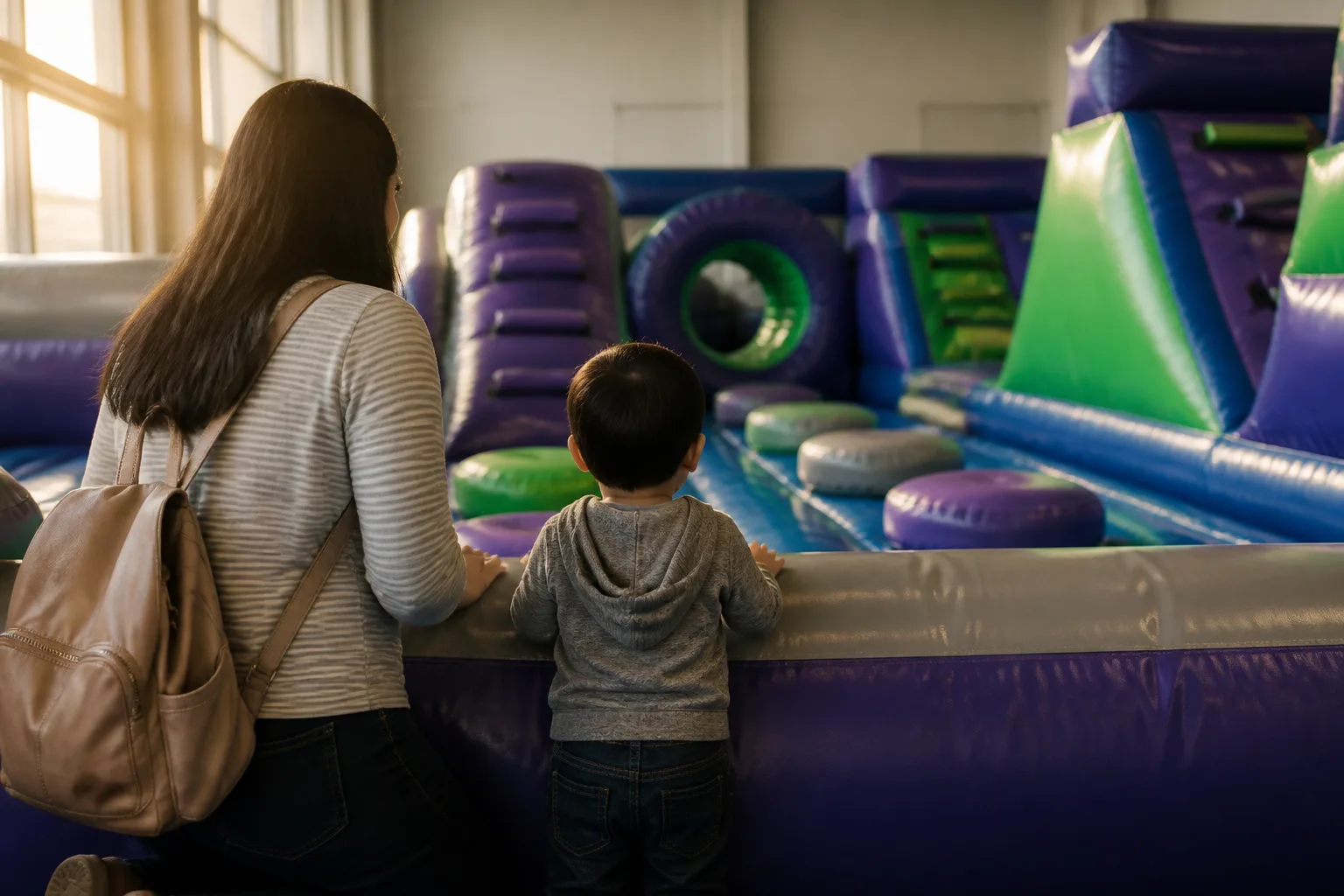 A parent and child view a colourful indoor inflatable course.