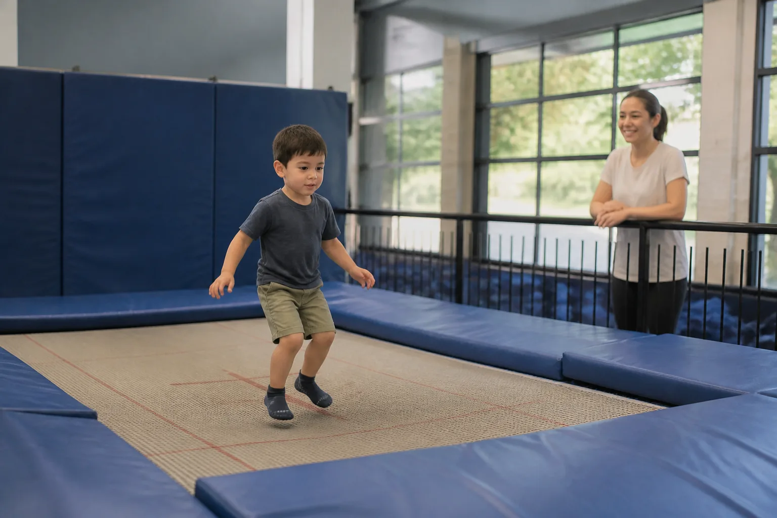 A child bounces on a trampoline while an adult watches behind a safety rail.