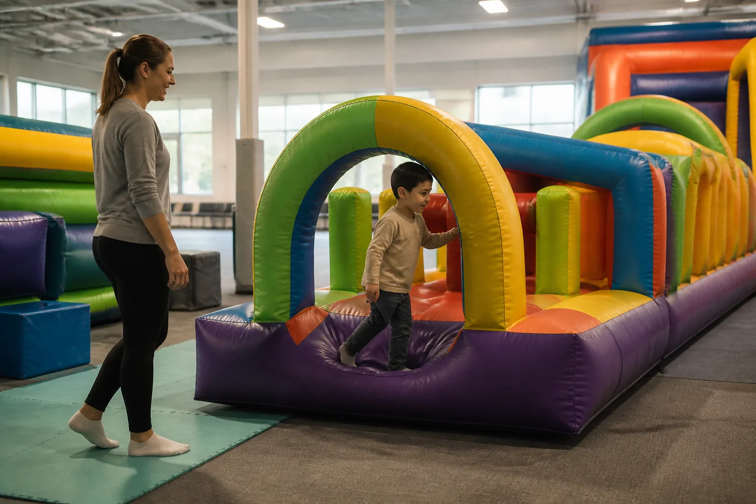 A child explores a small inflatable obstacle while an adult walks alongside.