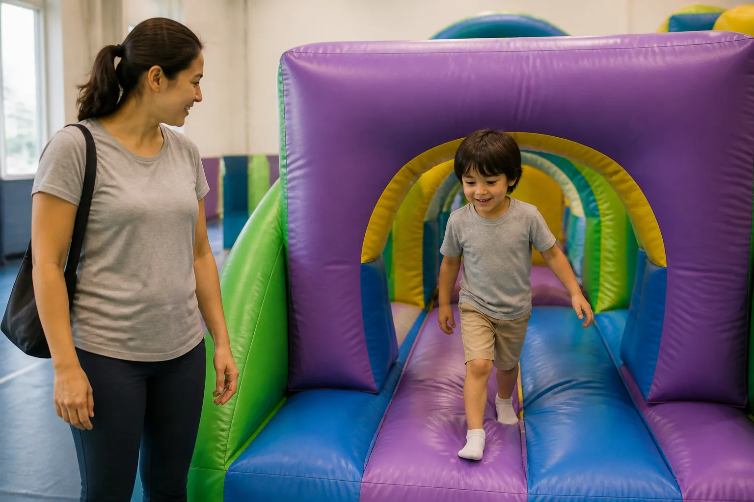 A child steps out of a small inflatable slide while an adult watches.