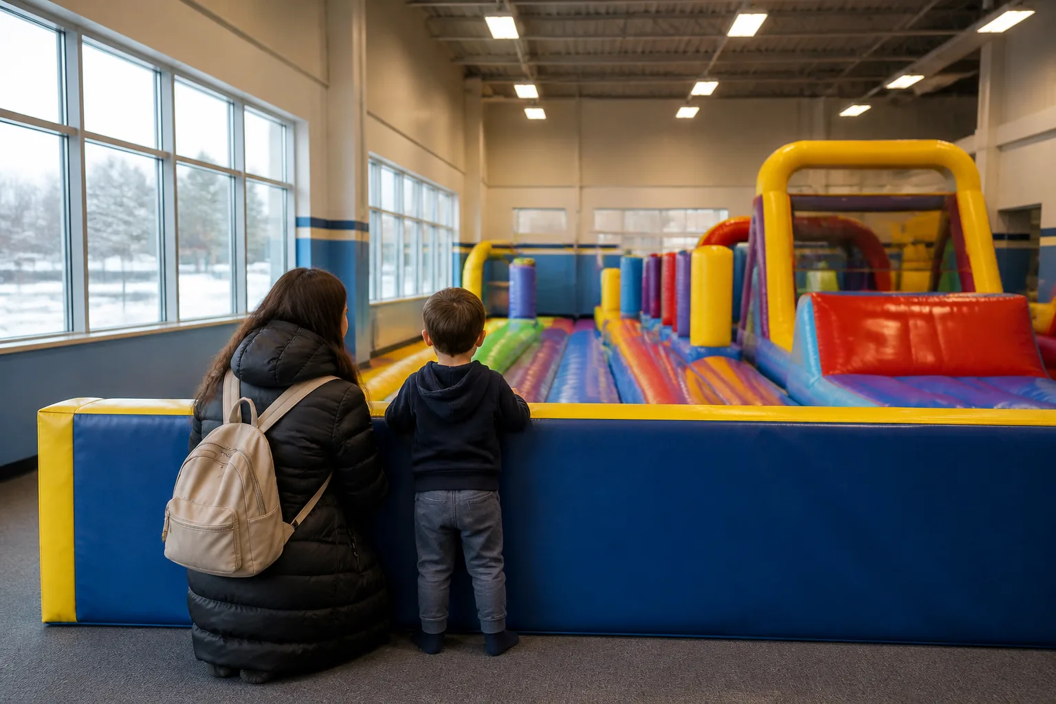 A bundled parent and child look across a colourful inflatable play zone.
