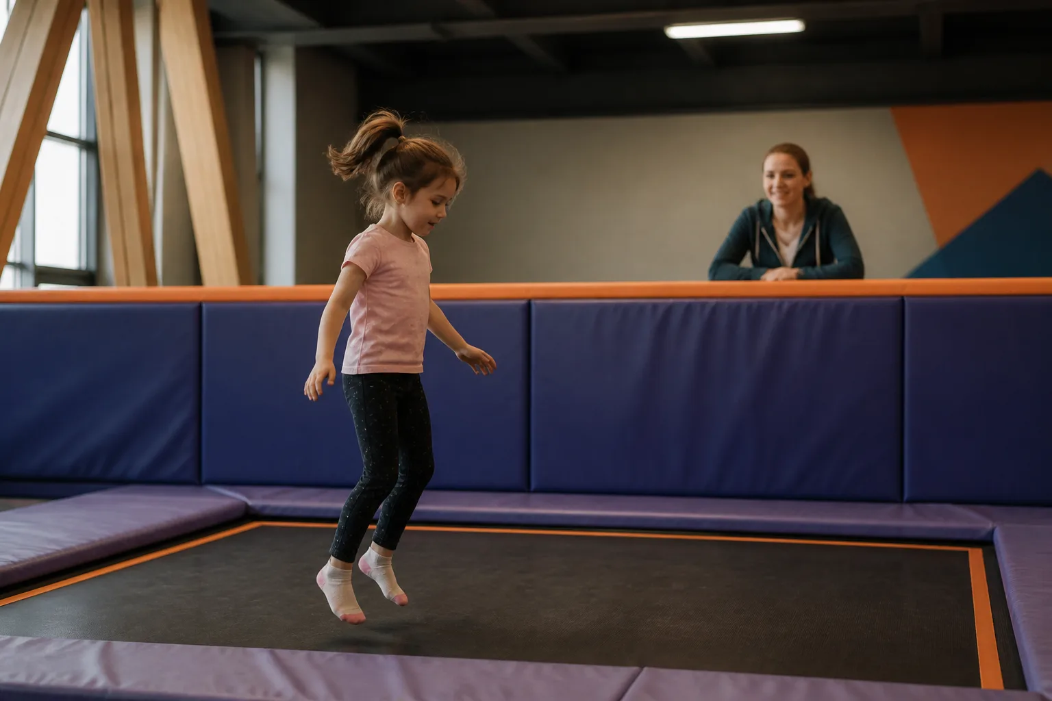 A child makes a small jump on a trampoline near a staffed counter.
