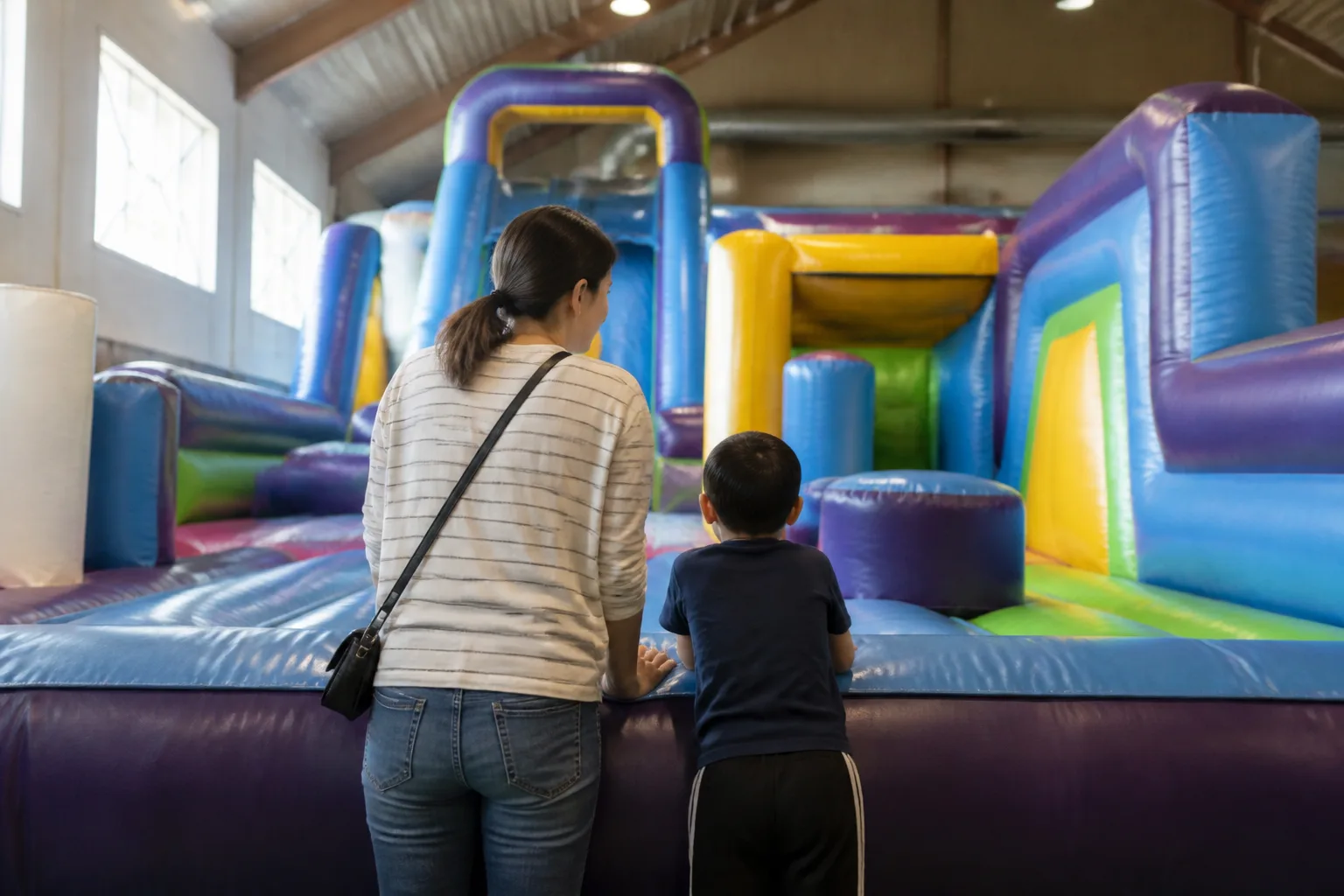 A parent and child look at a colourful inflatable attraction.