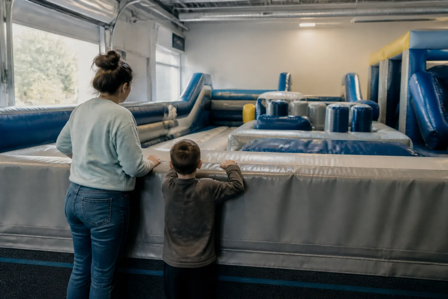 A parent and child watch an inflatable obstacle course from behind padded barriers.
