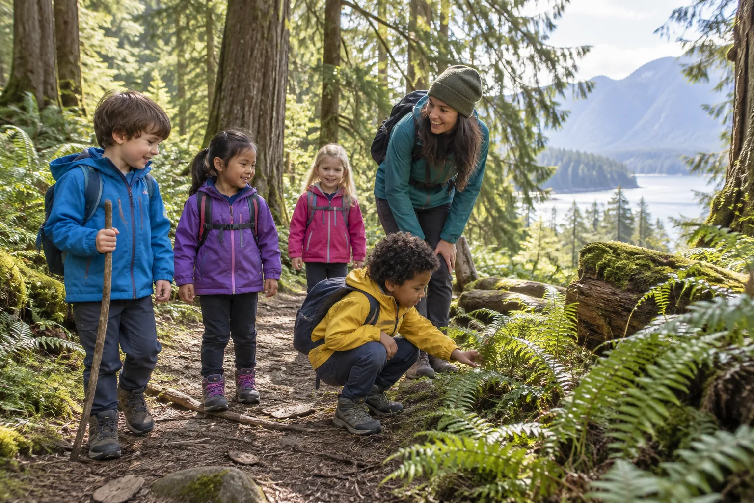 Children exploring a forest trail with an educator