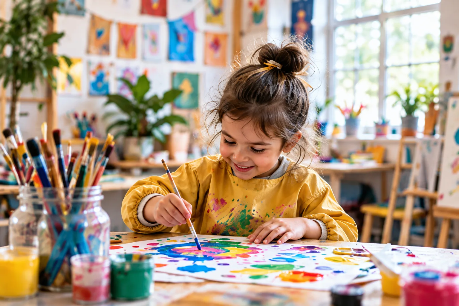 Child painting at a colourful art table