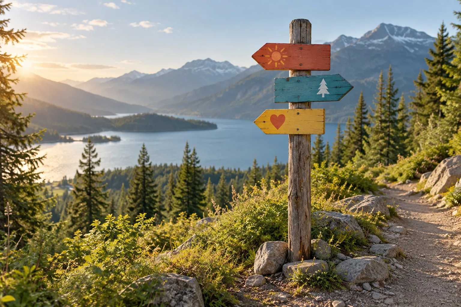 Colourful wooden direction signs in a mountain landscape